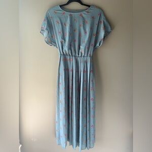 Vera moda size xs Floral Blue Midi Dress, silky lining, Pleated skirt